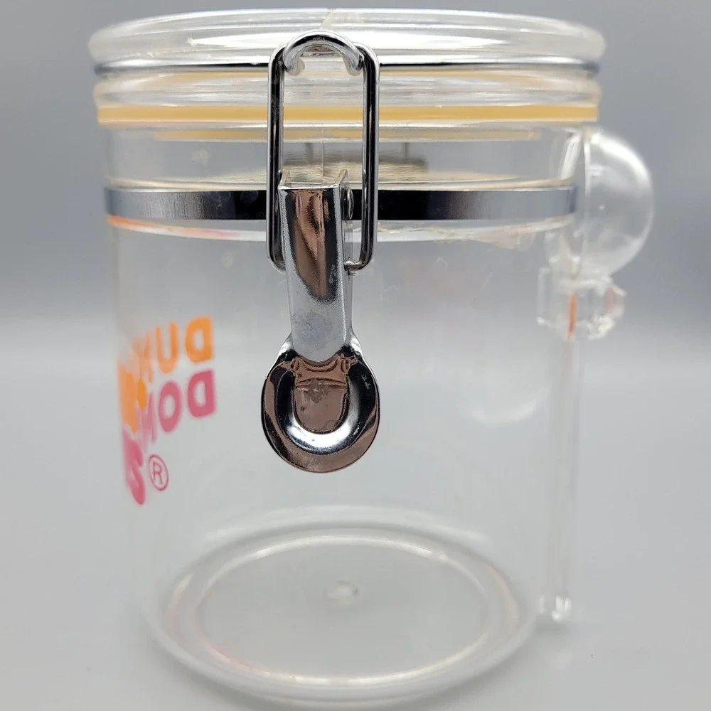 Vintage Dunkin Donuts Clear‎ Coffee Canister w Scoop, Holder, Locking Lid